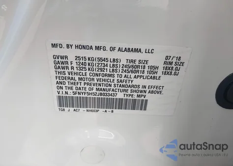 2018 Honda Pilot Ex-L из США, поврежденный, VIN 5FNYF5H52JB033437